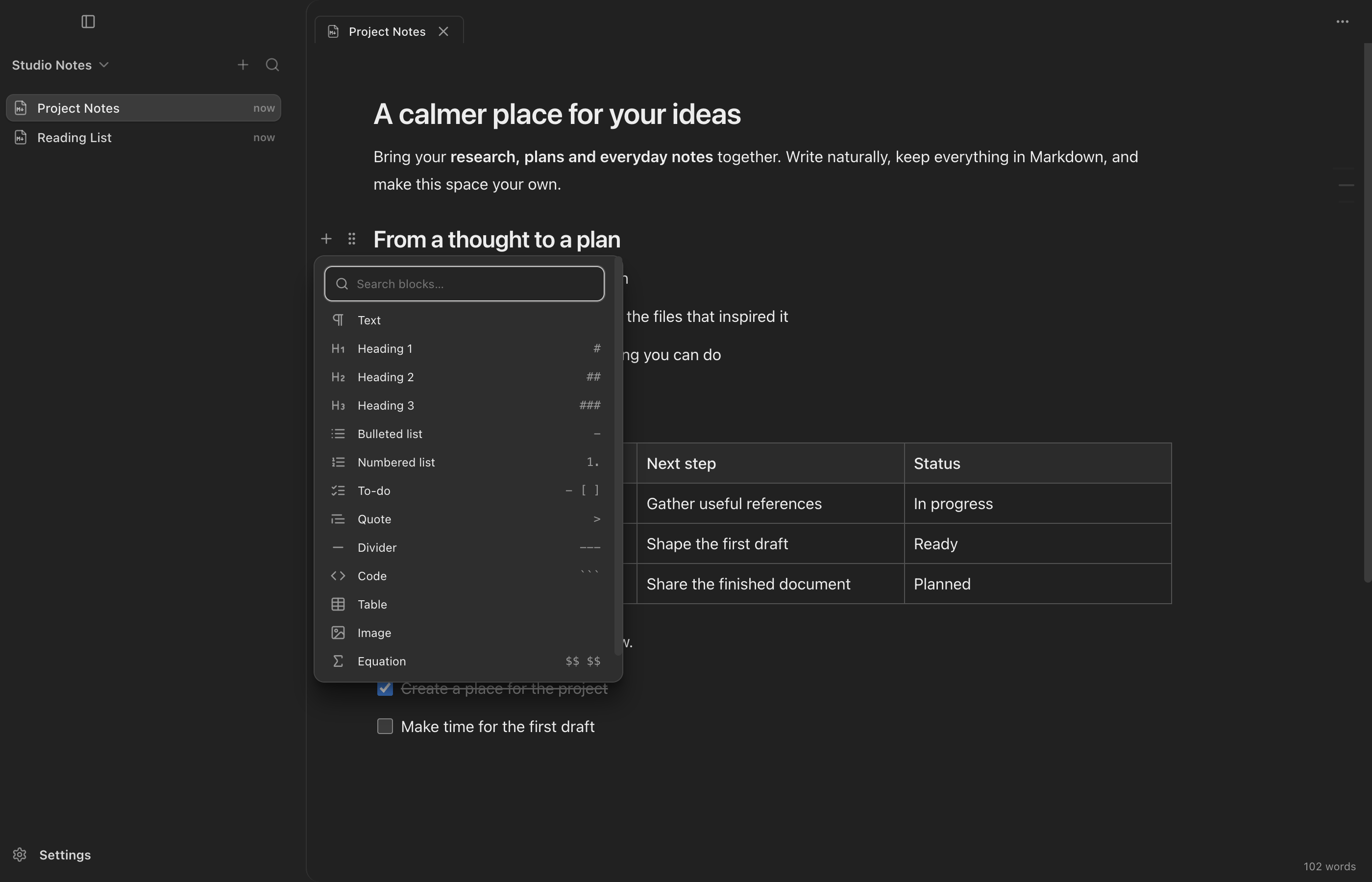 The searchable Insert block menu in the doXmind 1.11.0 dark editor