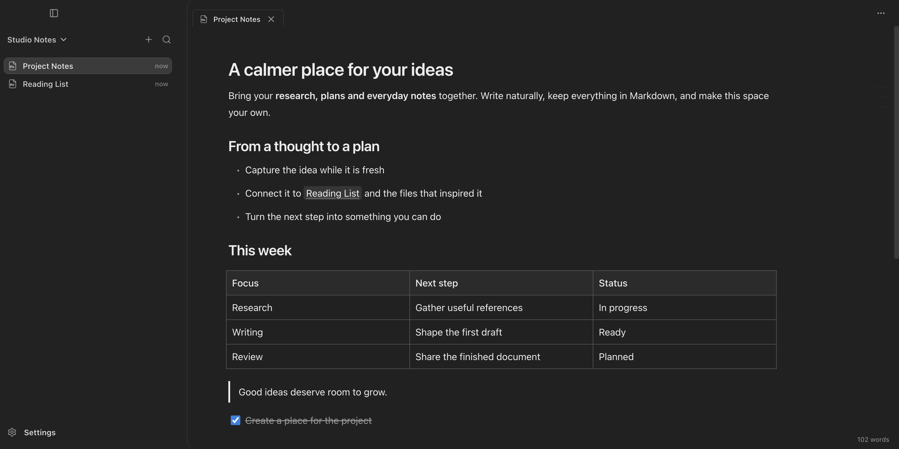 doXmind 1.11.0 in dark mode with a local workspace, linked notes, a table and tasks