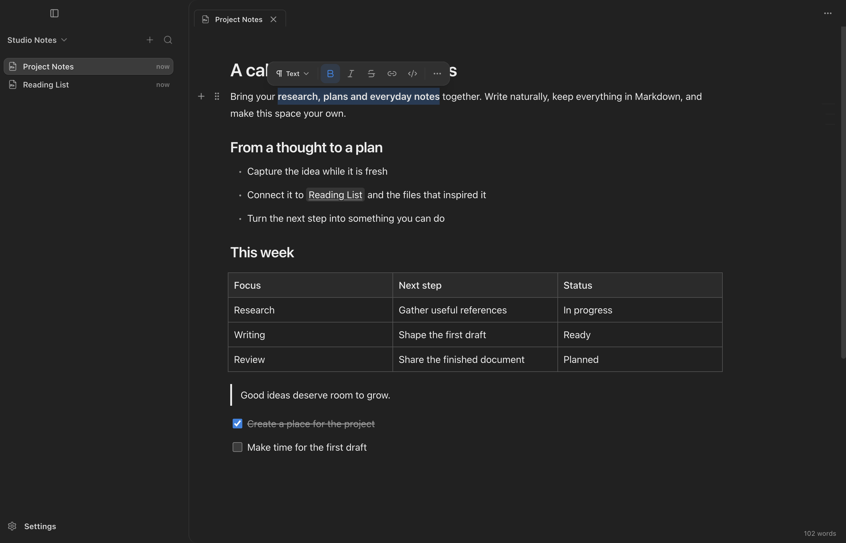 A local Markdown note with a Reading List wiki link in doXmind 1.11.0