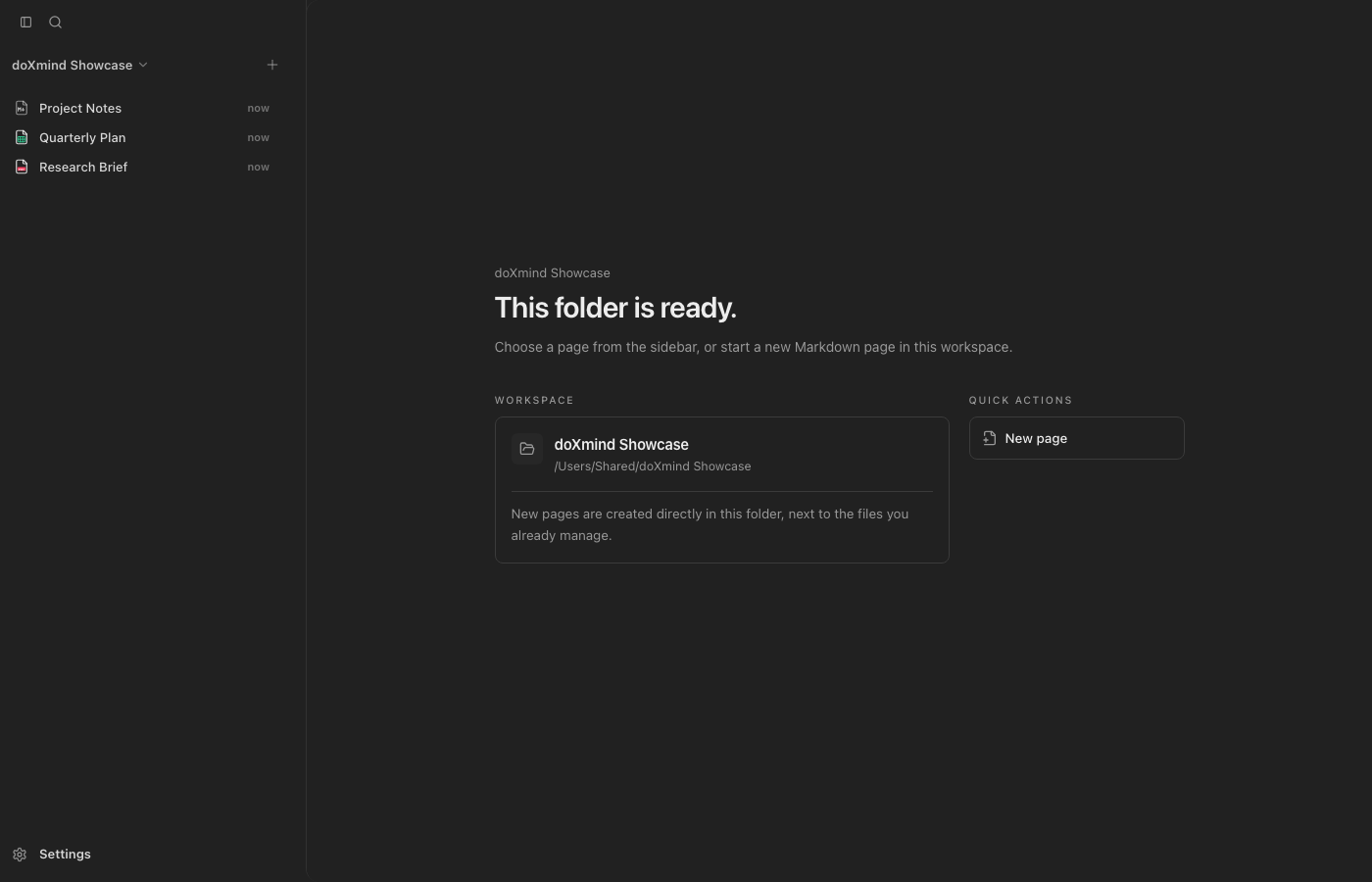 The doXmind workspace showing a Markdown Page with spreadsheet and PDF Attachments